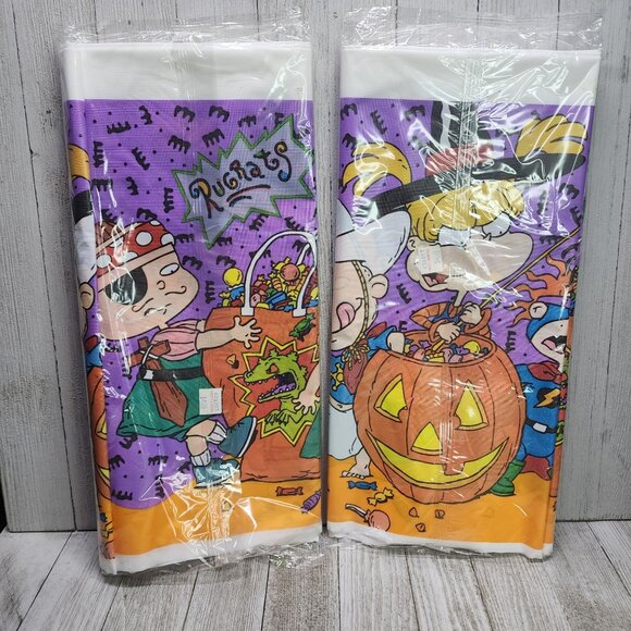 Vtg Designware Rugrats Halloween Table Cover Satin 54x96 Orange Purple Set of 2 - Picture 1 of 3